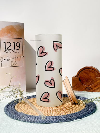 Frosted Grande Sipper 650ml| Pink Hearts All Over Print| 20oz Tall Tumbler with straw and lid