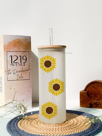 Frosted Grande Sipper 650ml| Sunflower All OverPrint| 20oz Tall Tumbler with straw and lid