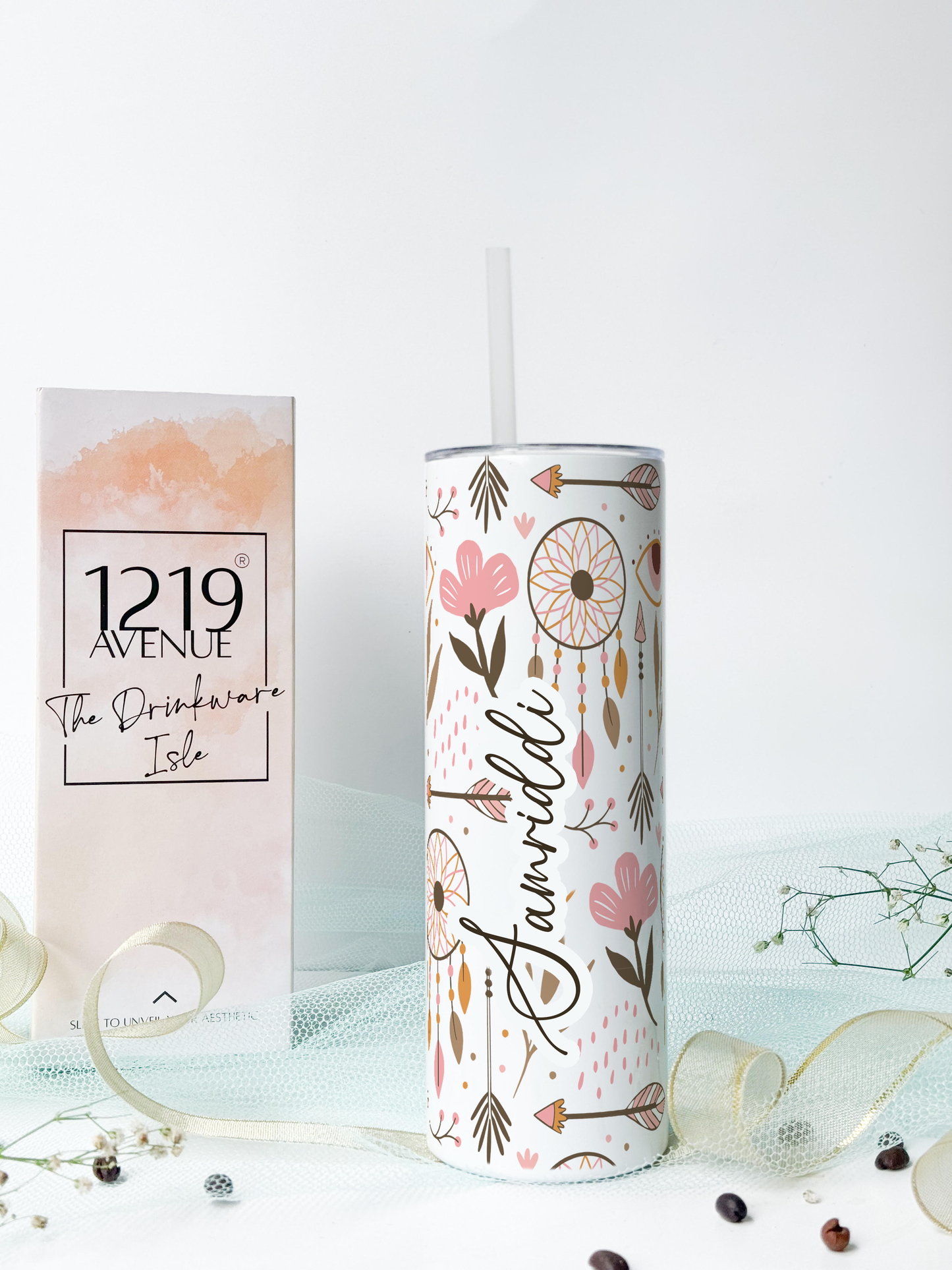 Personalized Colossal Tumbler 750ml with Silicon Straw | Boho Name Custom Print| Double Walled Insulated Tumbler 26oz