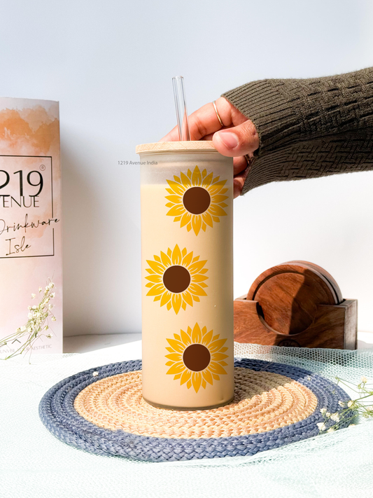 Frosted Grande Sipper 650ml| Sunflower All OverPrint| 20oz Tall Tumbler with straw and lid
