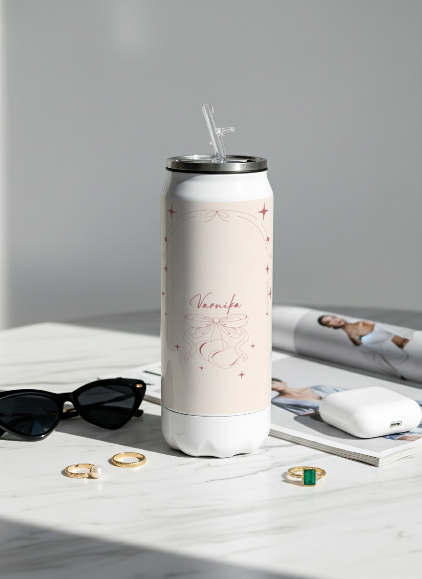 Personalized Ivora Metal Can Sipper 500 ML | Blush Bow Romance Print | Double Walled Hot & Cold Tumbler