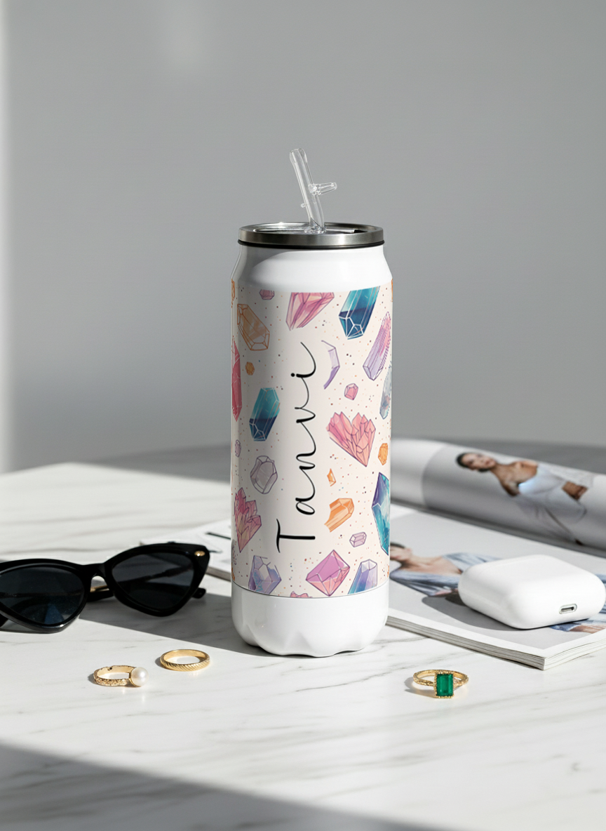 Personalized Ivora Metal Can Sipper 500 ML | Crystal Aura Print | Double Walled Hot & Cold Tumbler