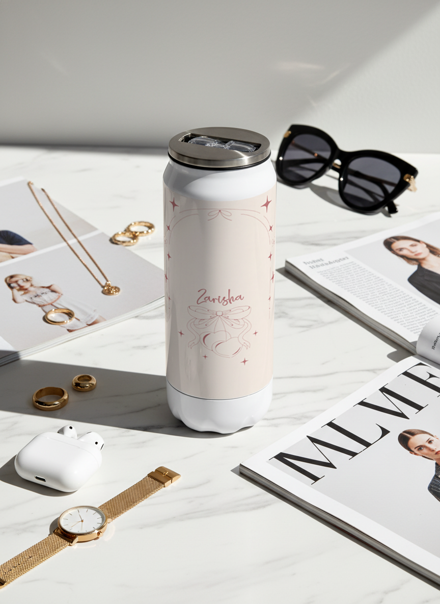 Personalized Ivora Metal Can Sipper 500 ML | Blush Bow Romance Print | Double Walled Hot & Cold Tumbler