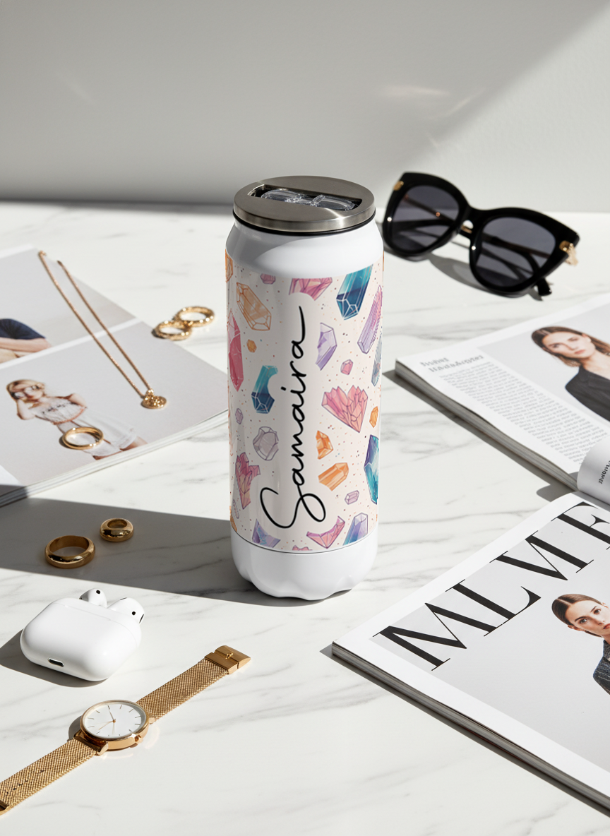 Personalized Ivora Metal Can Sipper 500 ML | Crystal Aura Print | Double Walled Hot & Cold Tumbler