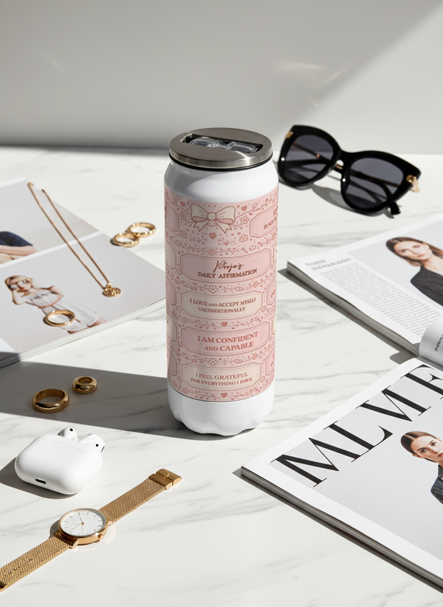 Personalized Ivora Metal Can Sipper 500 ML | Veloura Affirmations Print | Double Walled Hot & Cold Tumbler