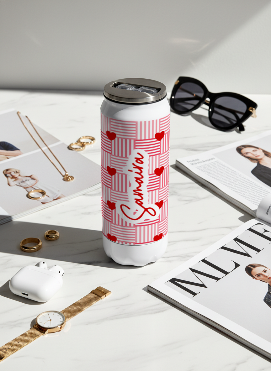 Personalized Ivora Metal Can Sipper 500 ML | Heart Quilt Print | Double Walled Hot & Cold Tumbler