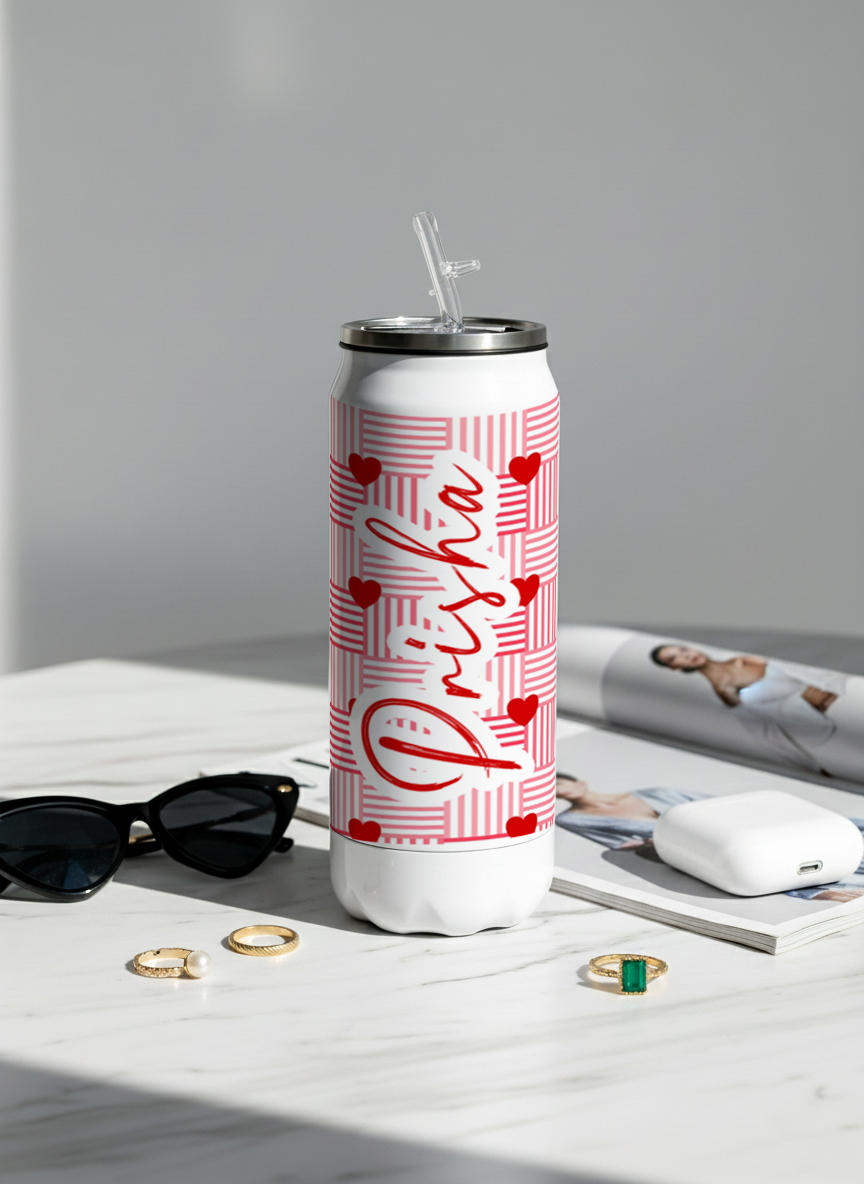 Personalized Ivora Metal Can Sipper 500 ML | Heart Quilt Print | Double Walled Hot & Cold Tumbler