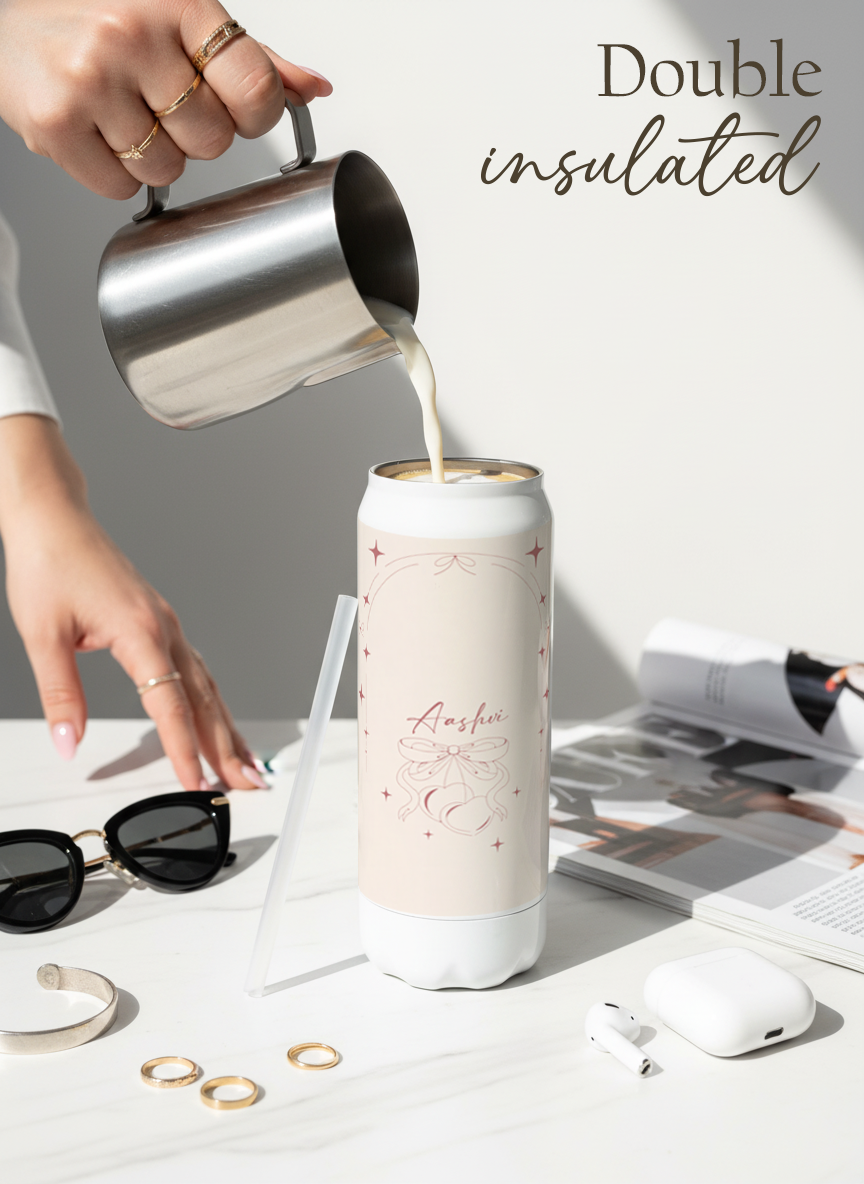 Personalized Ivora Metal Can Sipper 500 ML | Blush Bow Romance Print | Double Walled Hot & Cold Tumbler