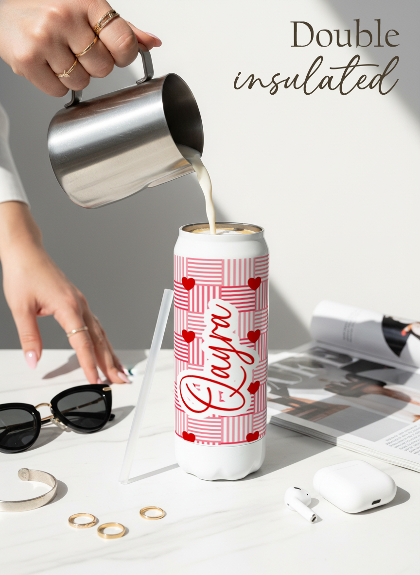 Personalized Ivora Metal Can Sipper 500 ML | Heart Quilt Print | Double Walled Hot & Cold Tumbler