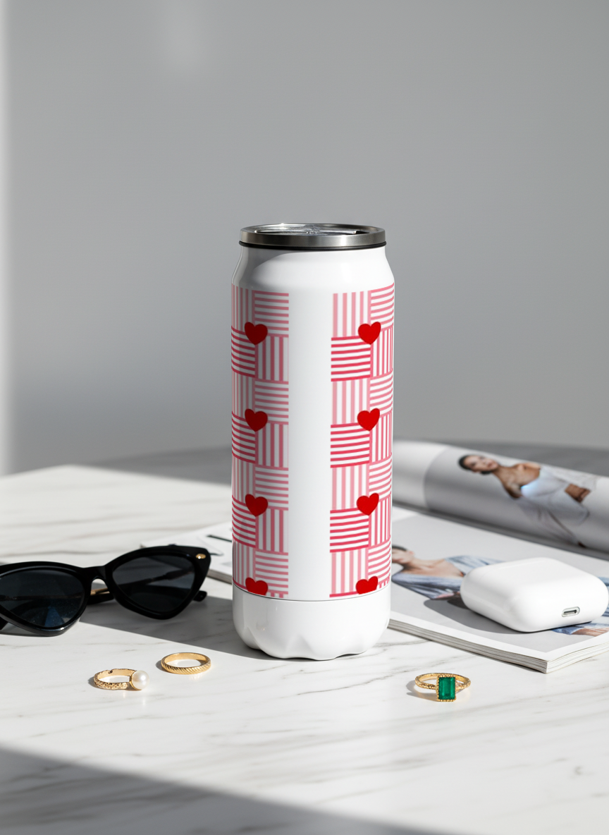 Personalized Ivora Metal Can Sipper 500 ML | Heart Quilt Print | Double Walled Hot & Cold Tumbler