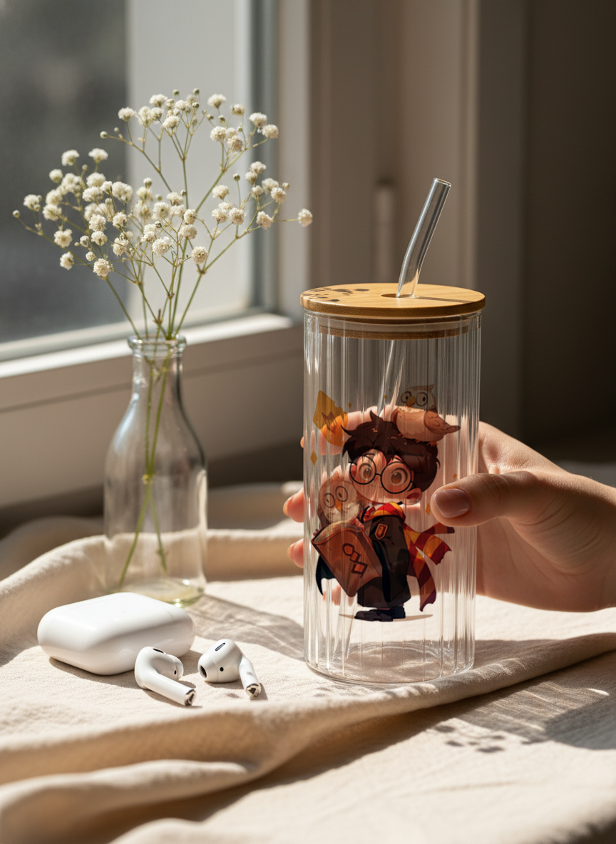 Ripple Taille Sipper 500ml| Cute Potter Print | 18oz Ripple Glass Tumbler with lid and straw
