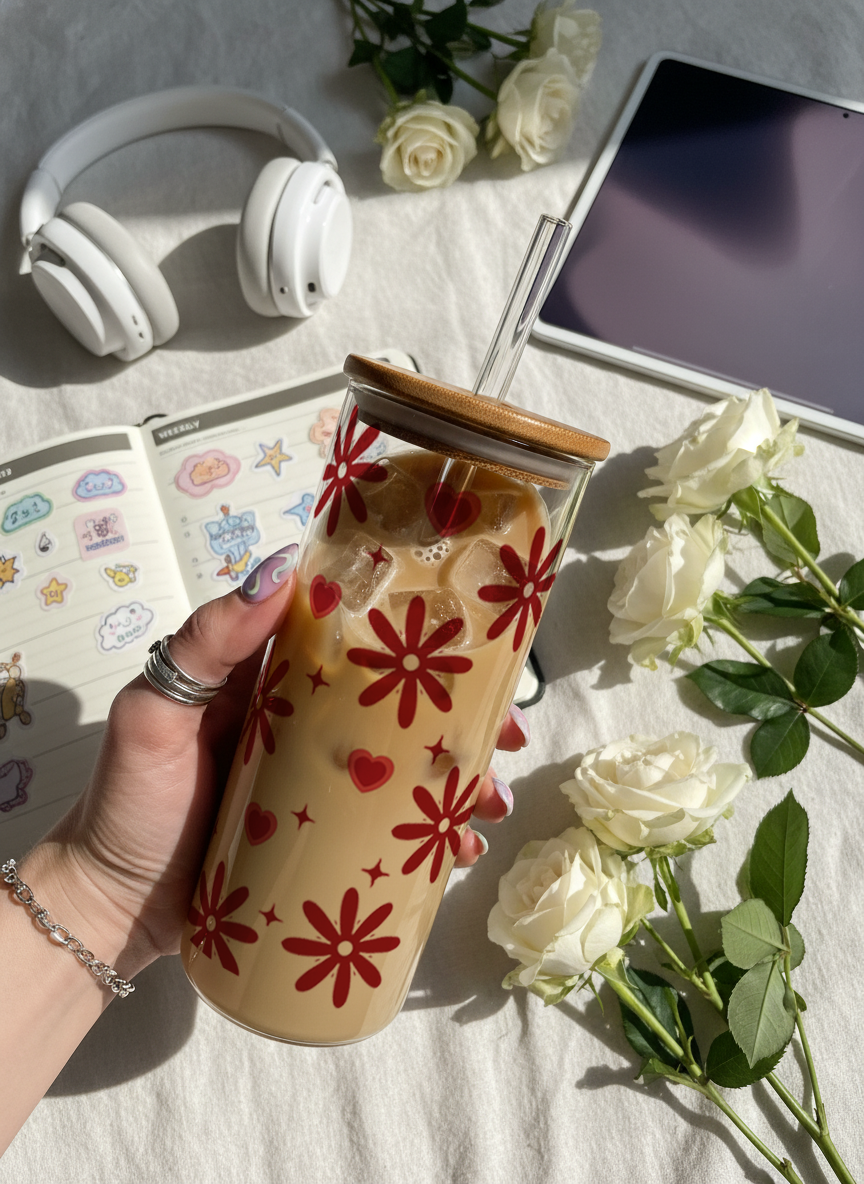 Clear Grande Sipper 650ml|Sweet Petals Print| 600ml Coffee Tumbler with Straw and Lid