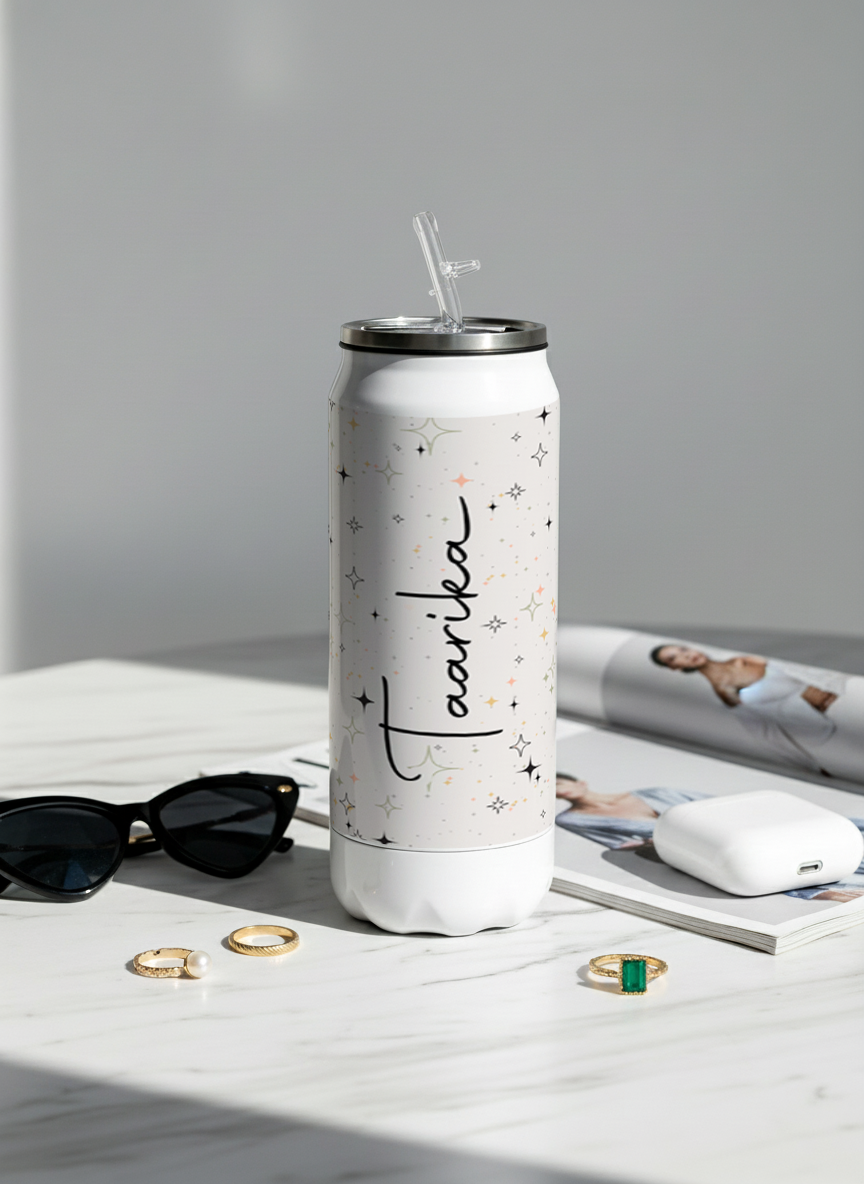 Personalized Ivora Metal Can Sipper 500 ML | Starlight Whisper Print | Double Walled Hot & Cold Tumbler
