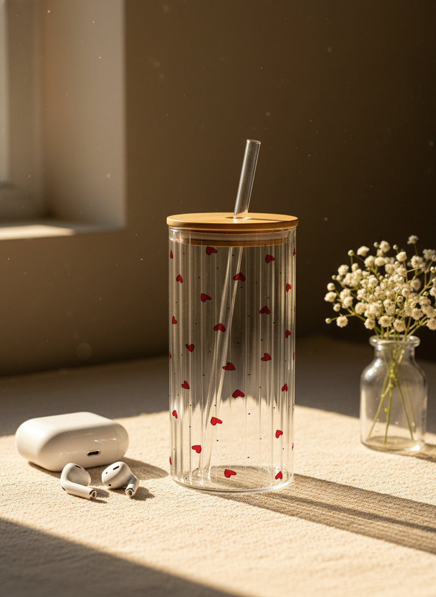 Ripple Taille Sipper 500ml| Petit Hearts All Over Print | 18oz Ripple Glass Tumbler with lid and straw