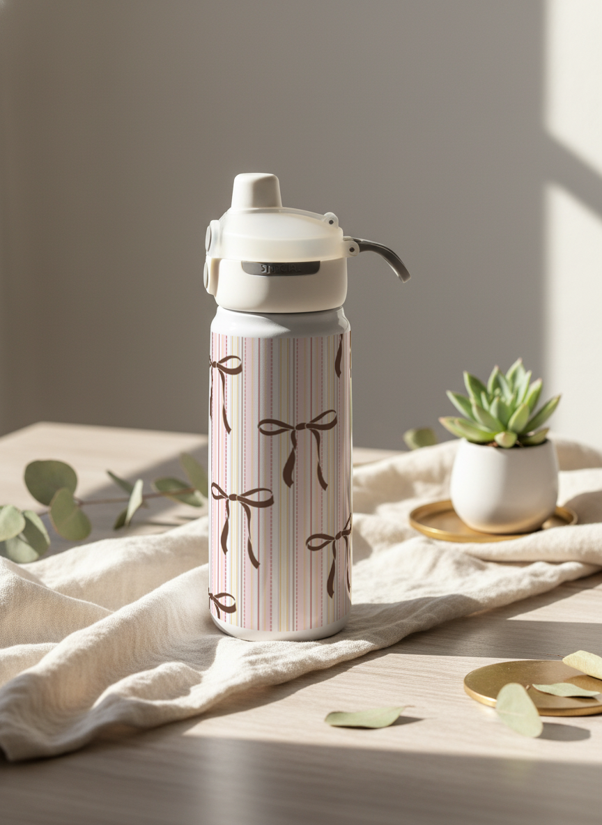 Lumi Insulated Premium Water Bottle 650ml – Soft Stripes & Bows Print | 12+ Hours Hot & Cold | 2-Way Lid
