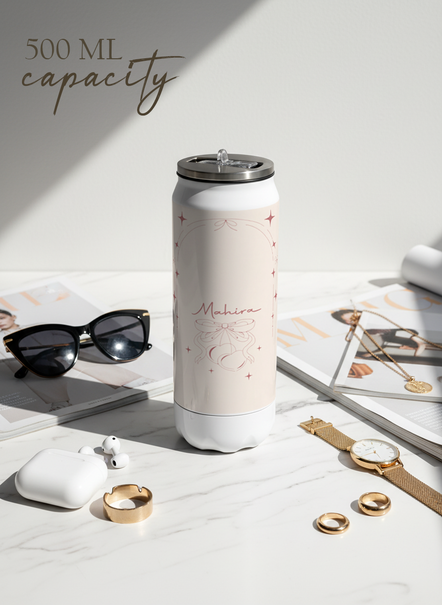 Personalized Ivora Metal Can Sipper 500 ML | Blush Bow Romance Print | Double Walled Hot & Cold Tumbler