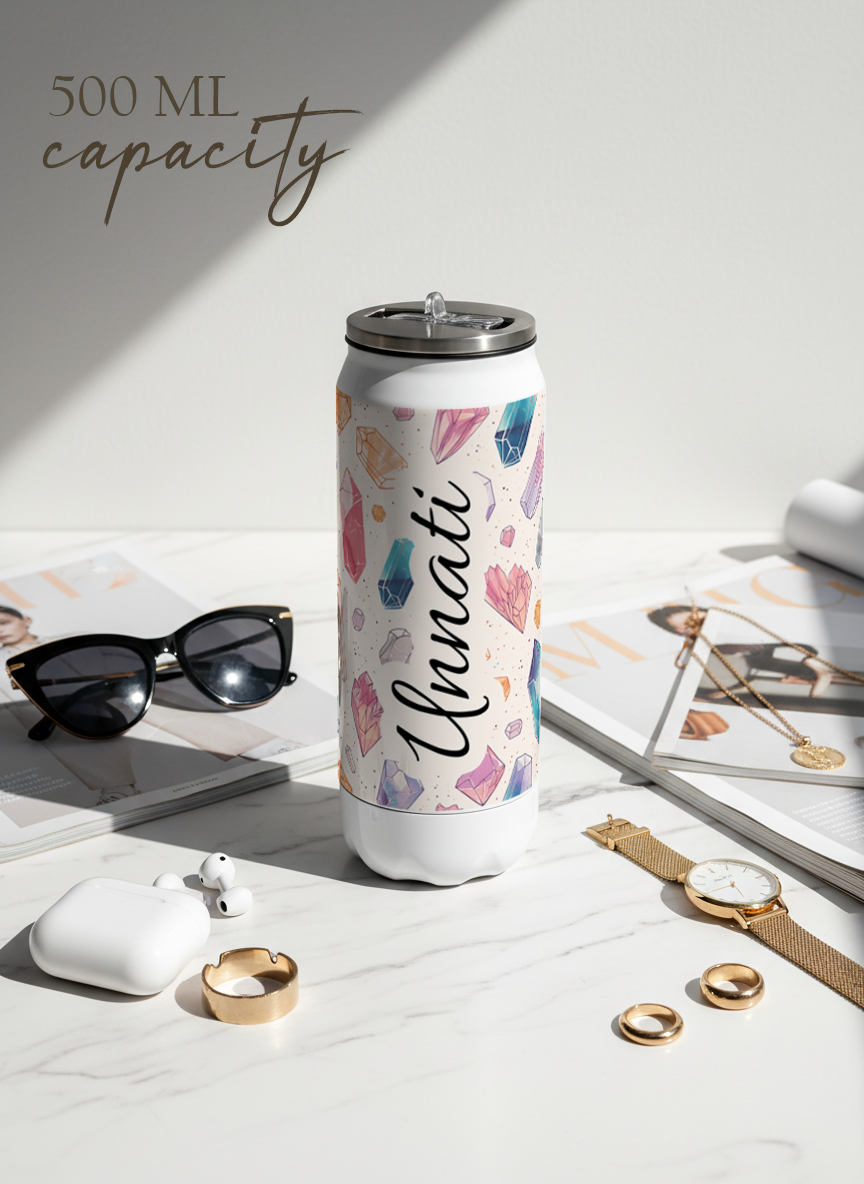 Personalized Ivora Metal Can Sipper 500 ML | Crystal Aura Print | Double Walled Hot & Cold Tumbler