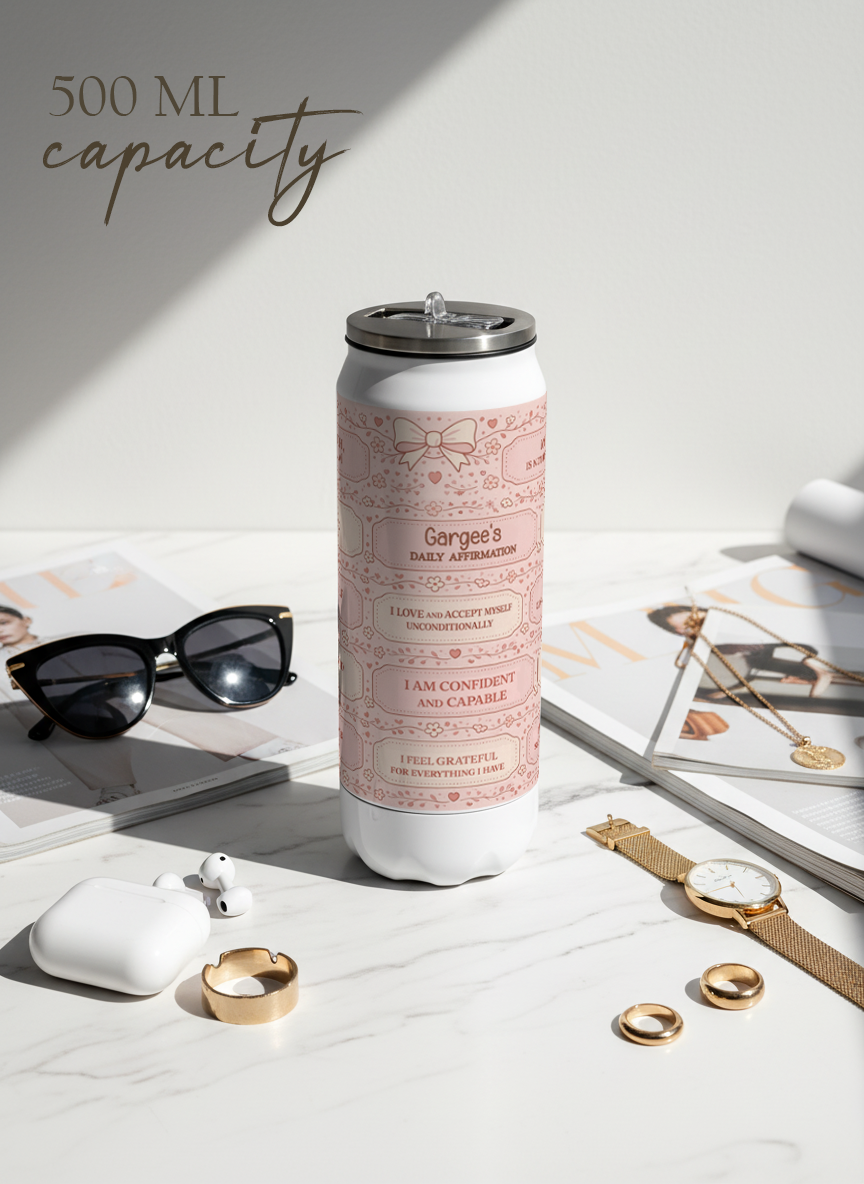 Personalized Ivora Metal Can Sipper 500 ML | Veloura Affirmations Print | Double Walled Hot & Cold Tumbler