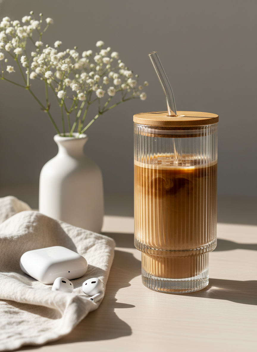 Prism Ripple Glass Sipper 500ml | 18oz Prism Ripple Glass Tumbler with lid and straw