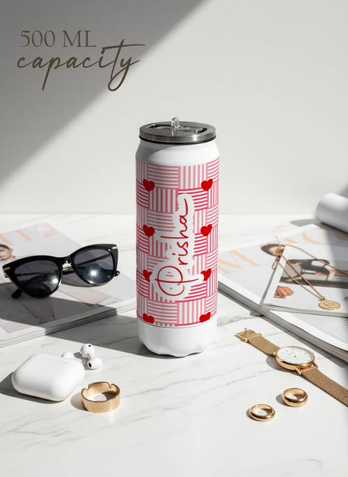 Personalized Ivora Metal Can Sipper 500 ML | Heart Quilt Print | Double Walled Hot & Cold Tumbler