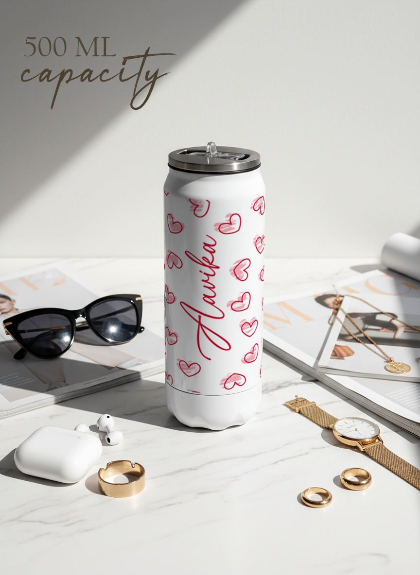 Personalized Ivora Metal Can Sipper 500 ML | Sweetheart Sketch Print | Double Walled Hot & Cold Tumbler