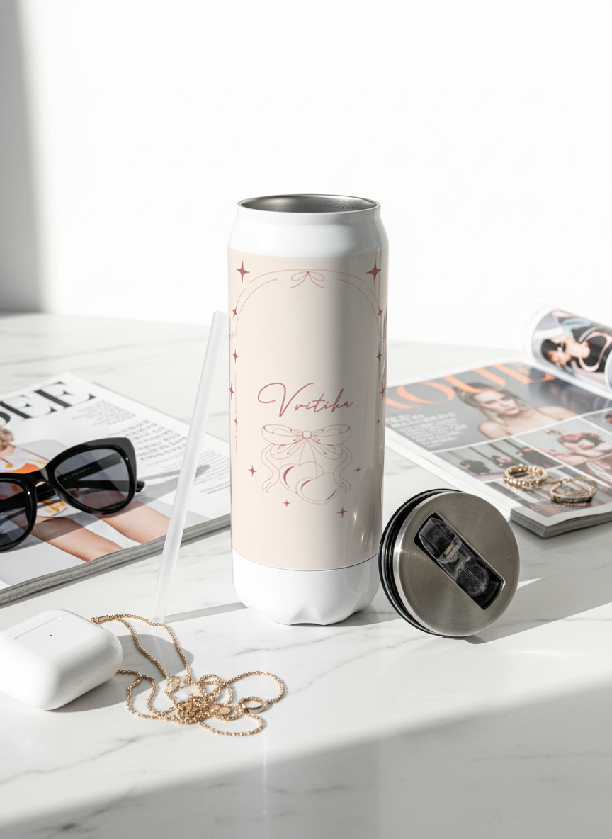 Personalized Ivora Metal Can Sipper 500 ML | Blush Bow Romance Print | Double Walled Hot & Cold Tumbler