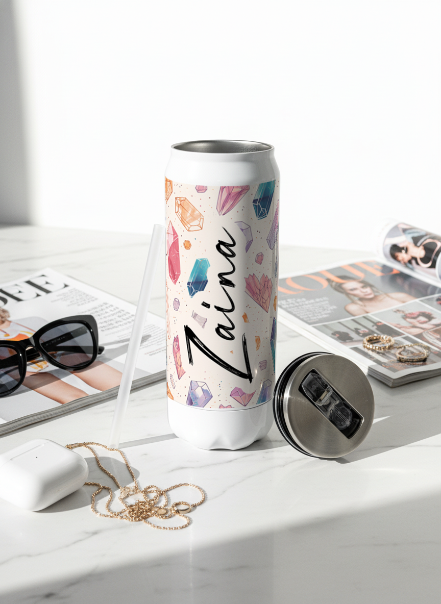 Personalized Ivora Metal Can Sipper 500 ML | Crystal Aura Print | Double Walled Hot & Cold Tumbler
