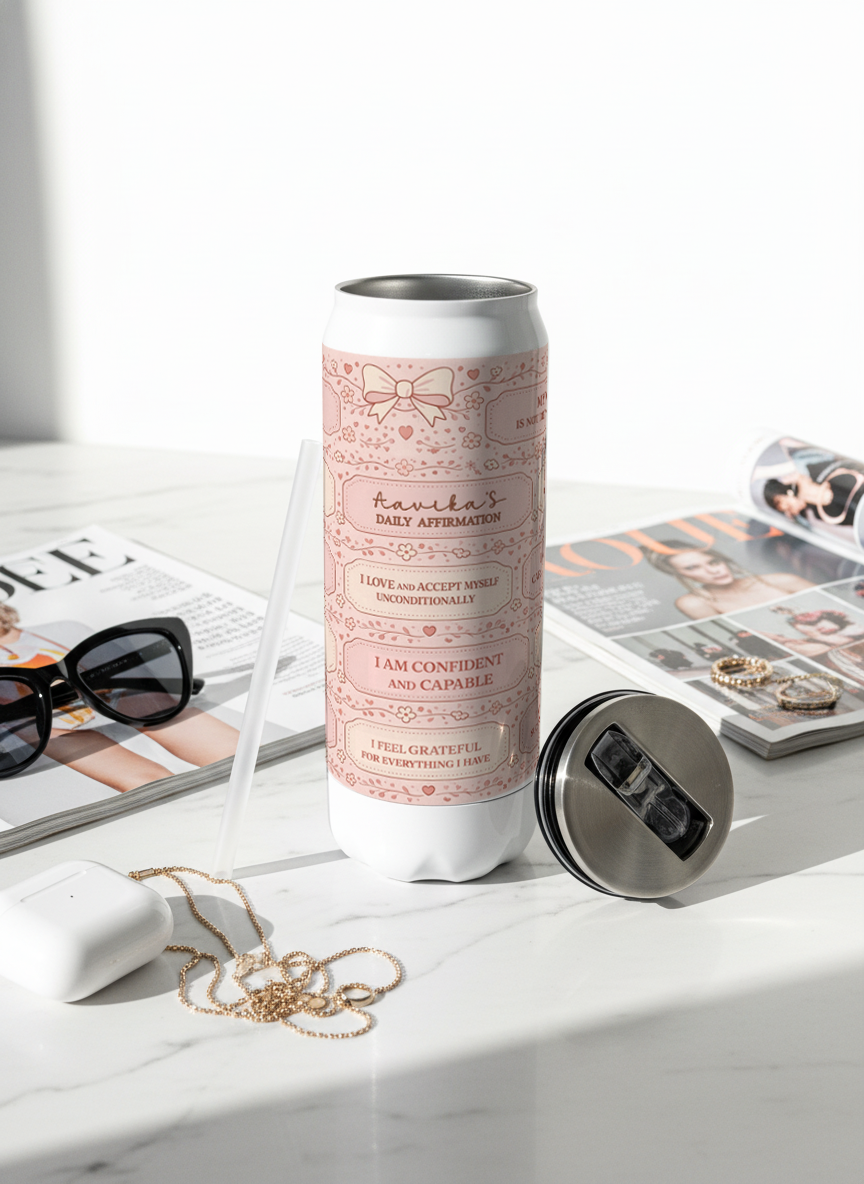 Personalized Ivora Metal Can Sipper 500 ML | Veloura Affirmations Print | Double Walled Hot & Cold Tumbler