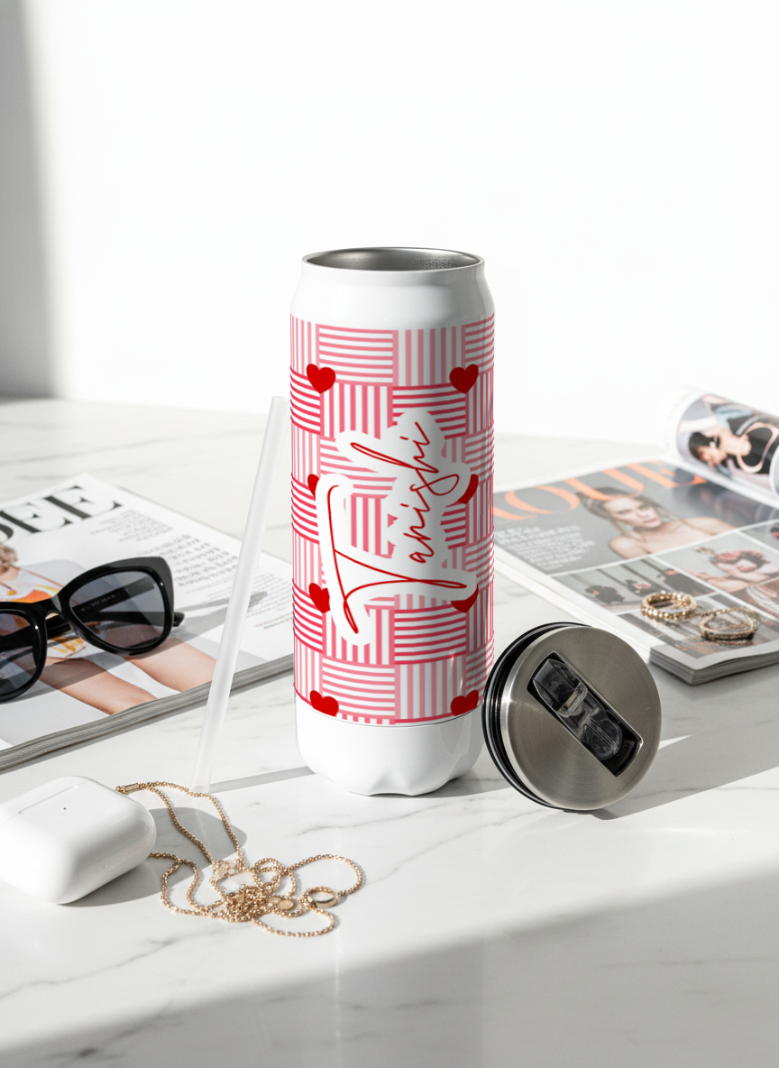 Personalized Ivora Metal Can Sipper 500 ML | Heart Quilt Print | Double Walled Hot & Cold Tumbler