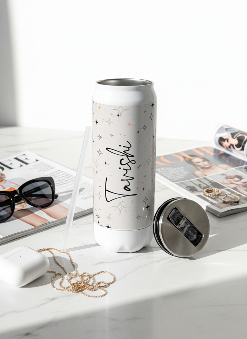 Personalized Ivora Metal Can Sipper 500 ML | Starlight Whisper Print | Double Walled Hot & Cold Tumbler