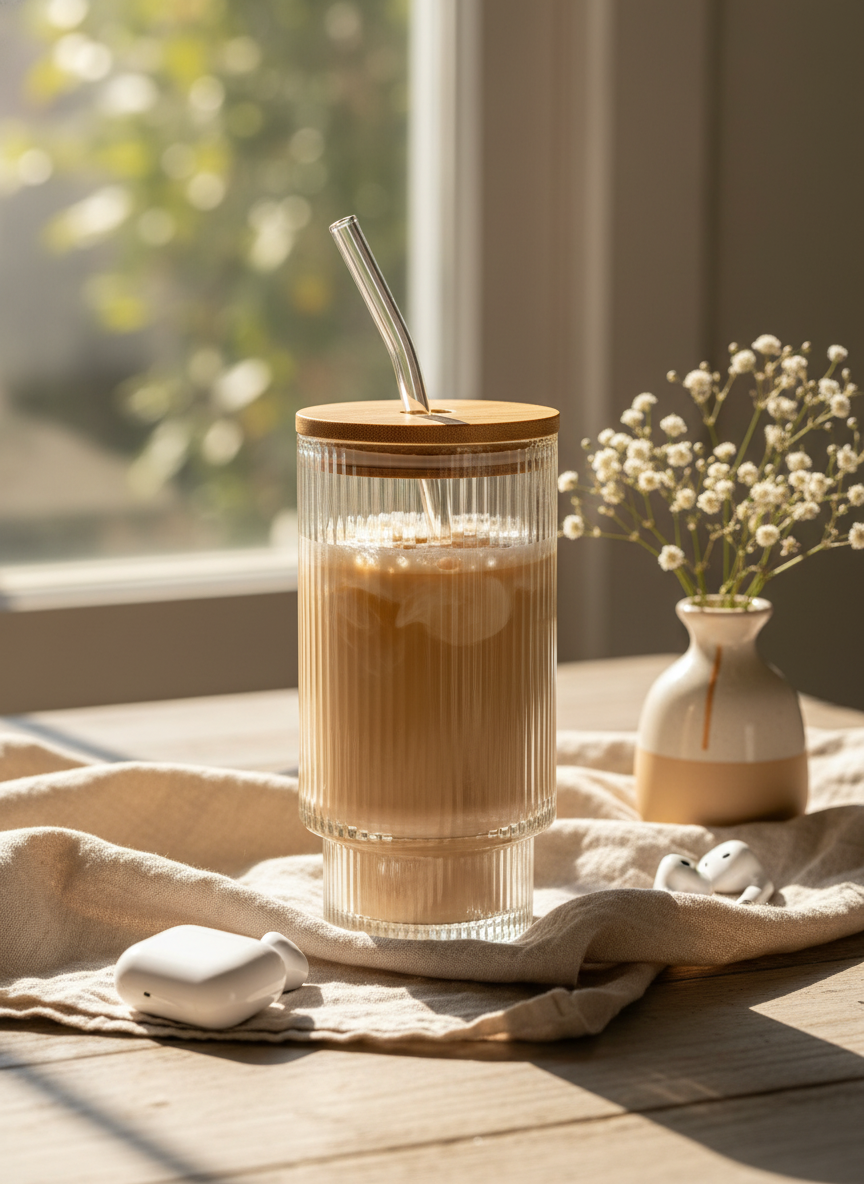 Prism Ripple Glass Sipper 500ml | 18oz Prism Ripple Glass Tumbler with lid and straw