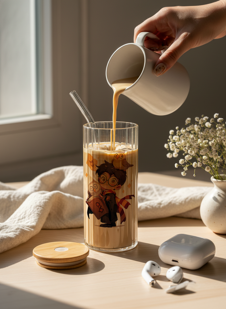 Ripple Taille Sipper 500ml| Cute Potter Print | 18oz Ripple Glass Tumbler with lid and straw