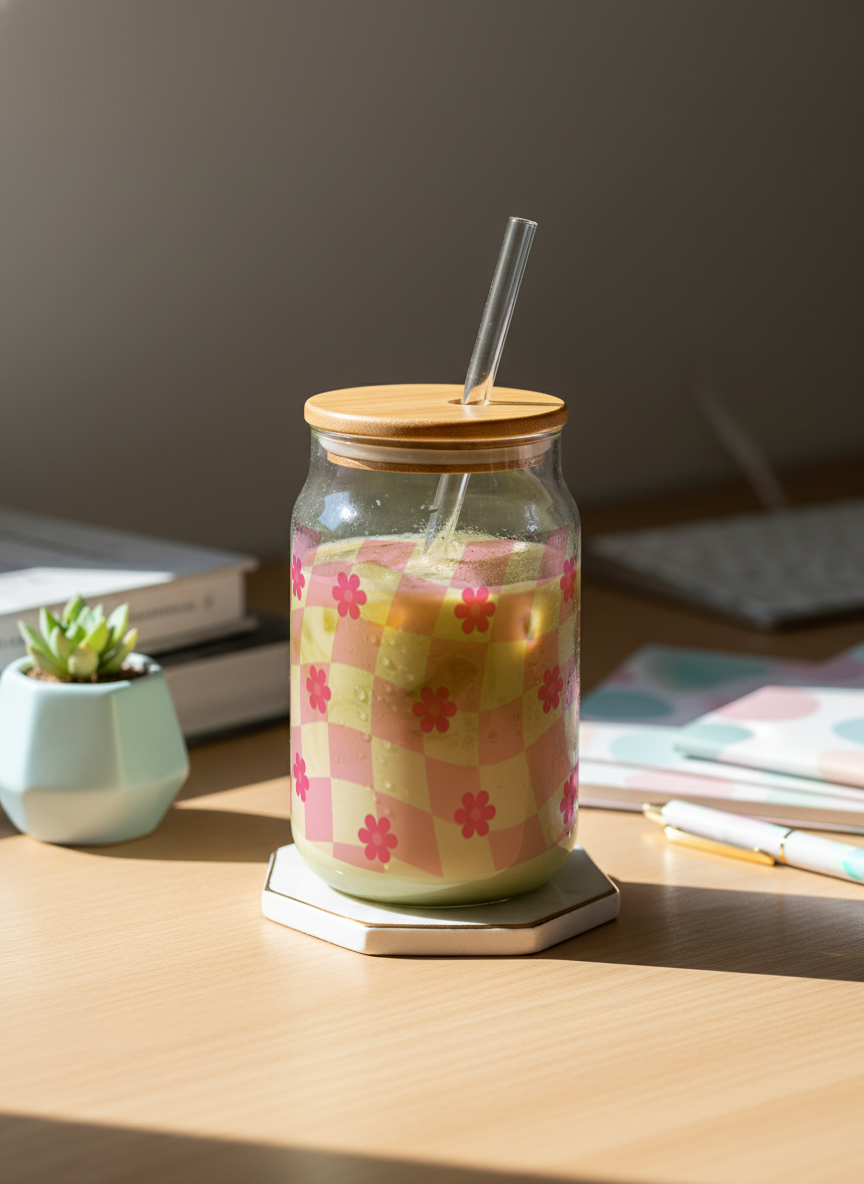 Can Shaped Sipper 500ml| Floral Gingham Print | 18oz Can Tumbler with lid, straw