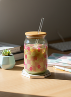 Can Shaped Sipper 500ml| Floral Gingham Print | 18oz Can Tumbler with lid, straw