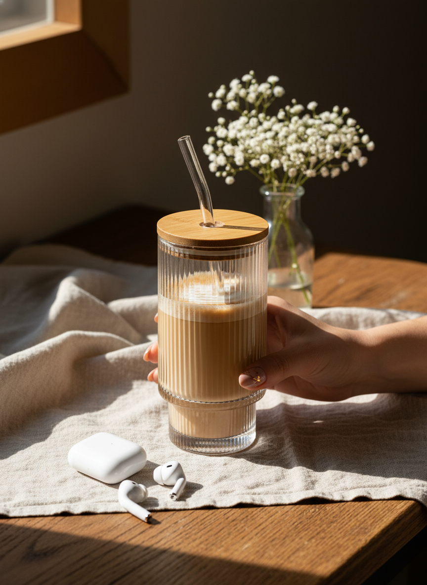 Prism Ripple Glass Sipper 500ml | 18oz Prism Ripple Glass Tumbler with lid and straw