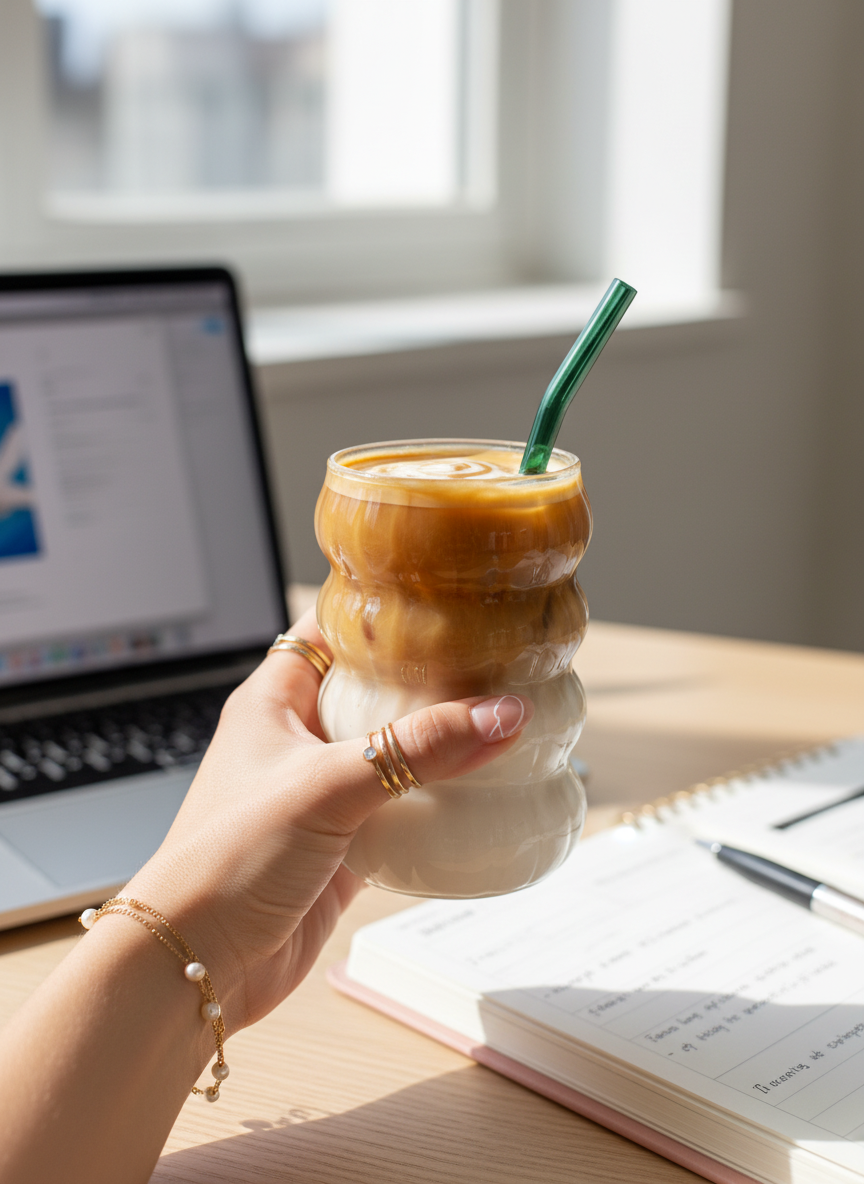 Mellow Ripple Bubble Glass Sipper 500ml | 18oz Mellow Ripple Bubble Glass Tumbler with straw