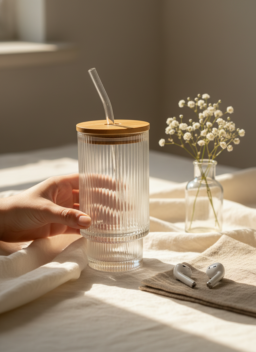 Prism Ripple Glass Sipper 500ml | 18oz Prism Ripple Glass Tumbler with lid and straw