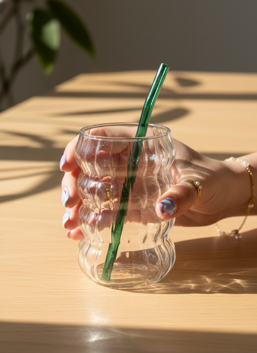 Mellow Ripple Bubble Glass Sipper 500ml | 18oz Mellow Ripple Bubble Glass Tumbler with straw