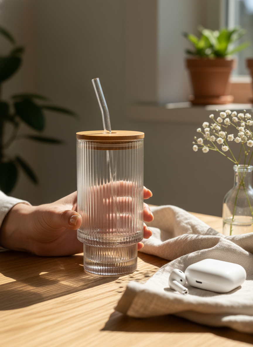 Prism Ripple Glass Sipper 500ml | 18oz Prism Ripple Glass Tumbler with lid and straw